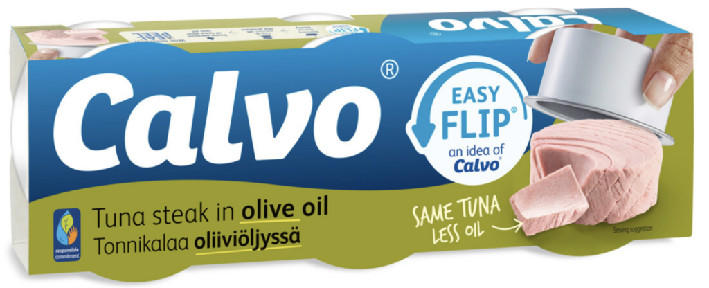 Calvon tonnikala oliiviöljyssä on nyt innovatiivisessa Easyflip-pakkauksessa. Uuden Real Peel® teknologian ansiosta tonnikalaan on pystytty lisäämään vain sen verran oliiviöljyä, että se voidaan hyödyntää suoraan ruoanvalmistuksessa. Täten öljyhävikkiä ei synny. Calvon yhden tonnikalapurkin sisältö on juuri sopiva annos käytettäväksi kerrallaan esimerkiksi lounassalaatteihin tai välipalaksi.